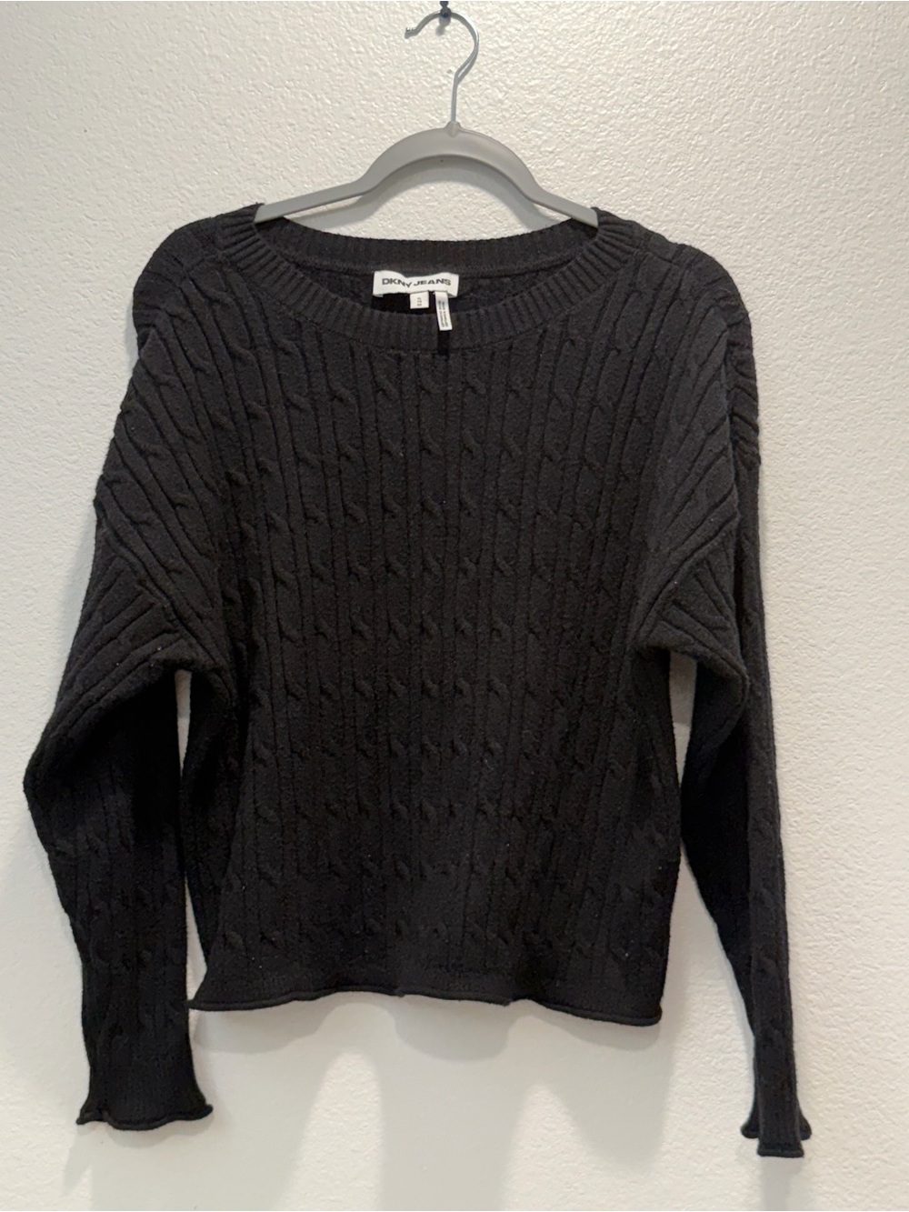 DKNY Jeans Women's Black Cable Knit Crew Neck Pullover Sweater Long Sleeve XL